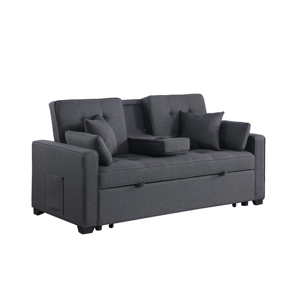 69.5″W Dark Gray Linen Convertible Sleeper Loveseat with Cup Holder