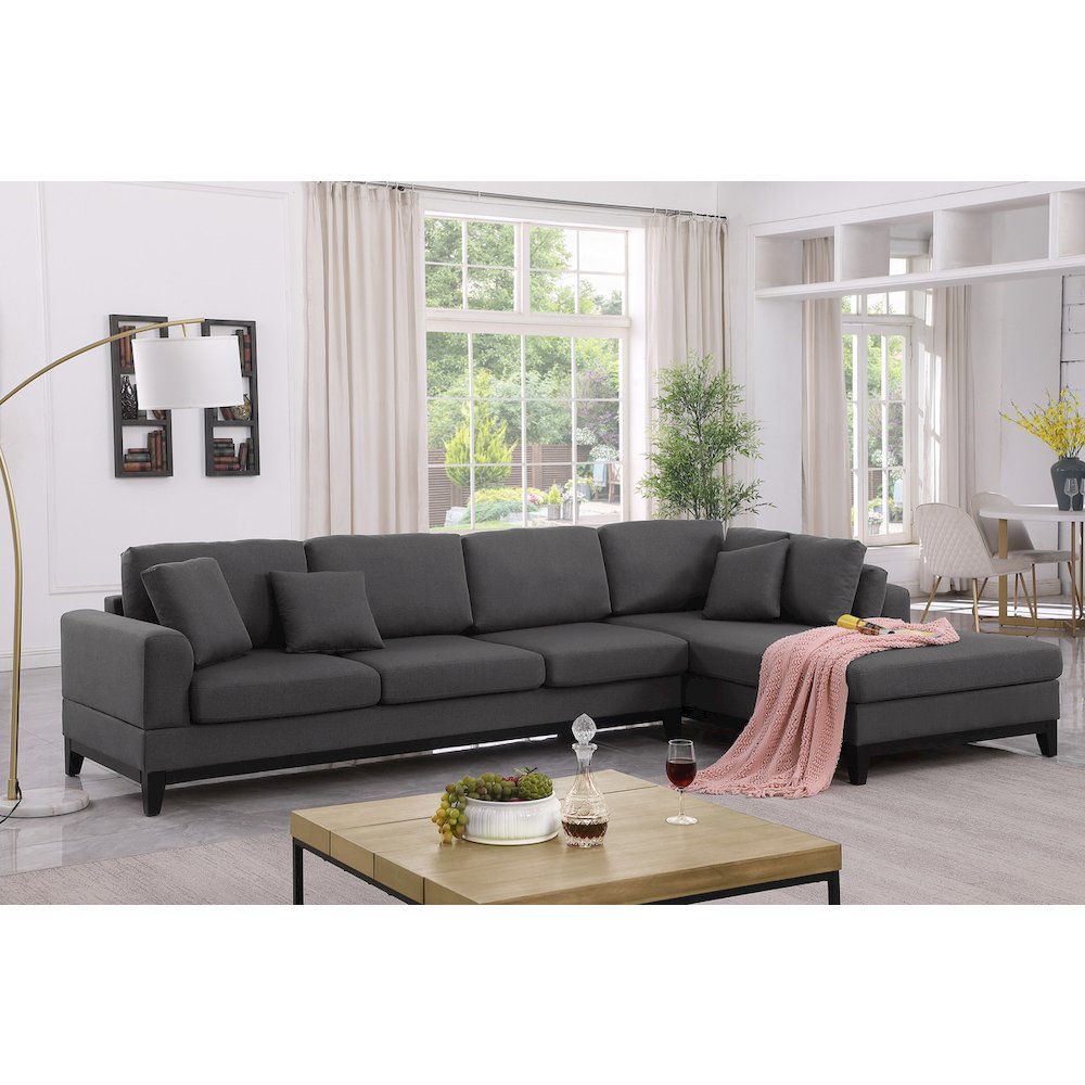 Redford 131.5″W Dark Gray Linen Fabric Sectional Sofa with Right Facing Chaise