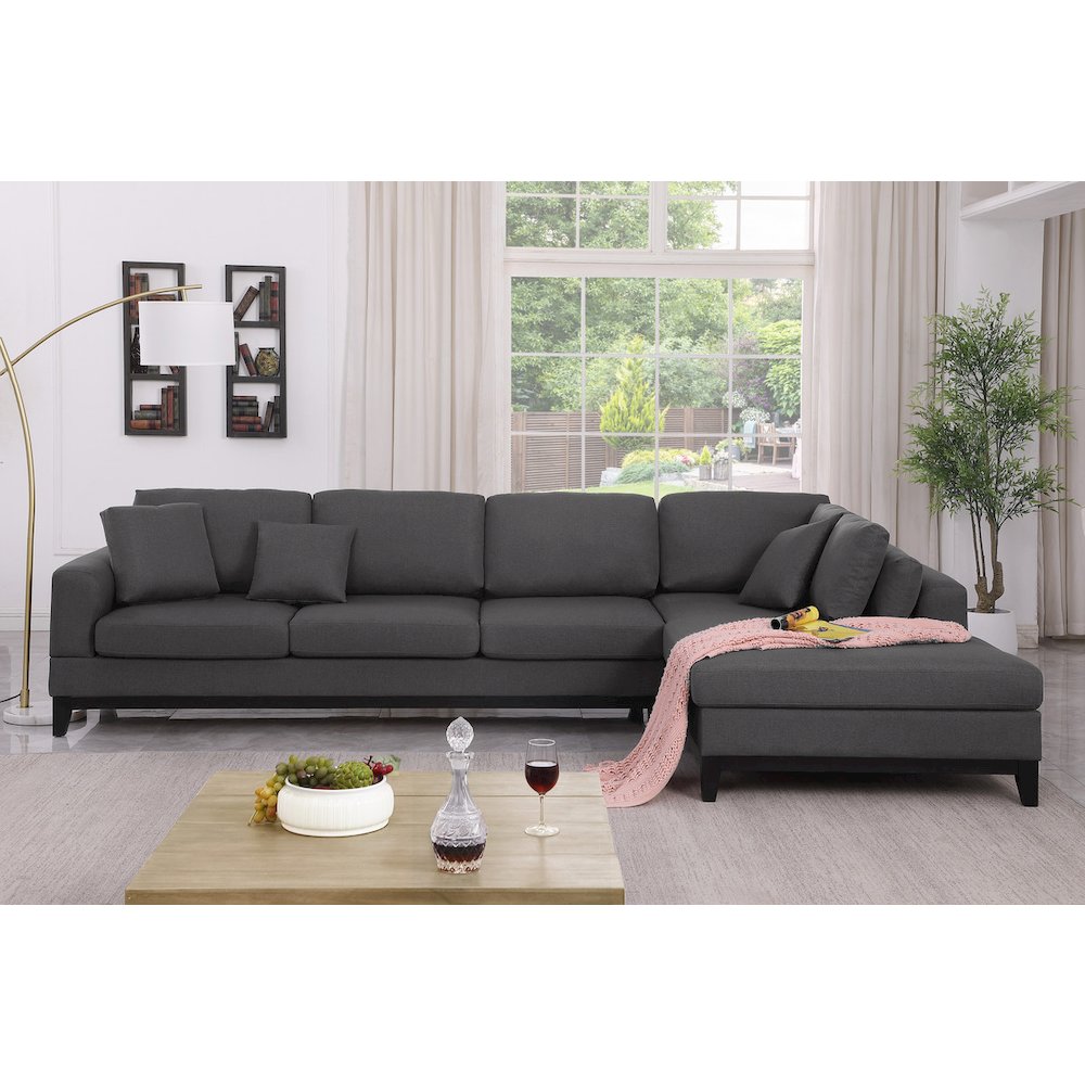 Redford 131.5″W Dark Gray Linen Fabric Sectional Sofa with Right Facing Chaise