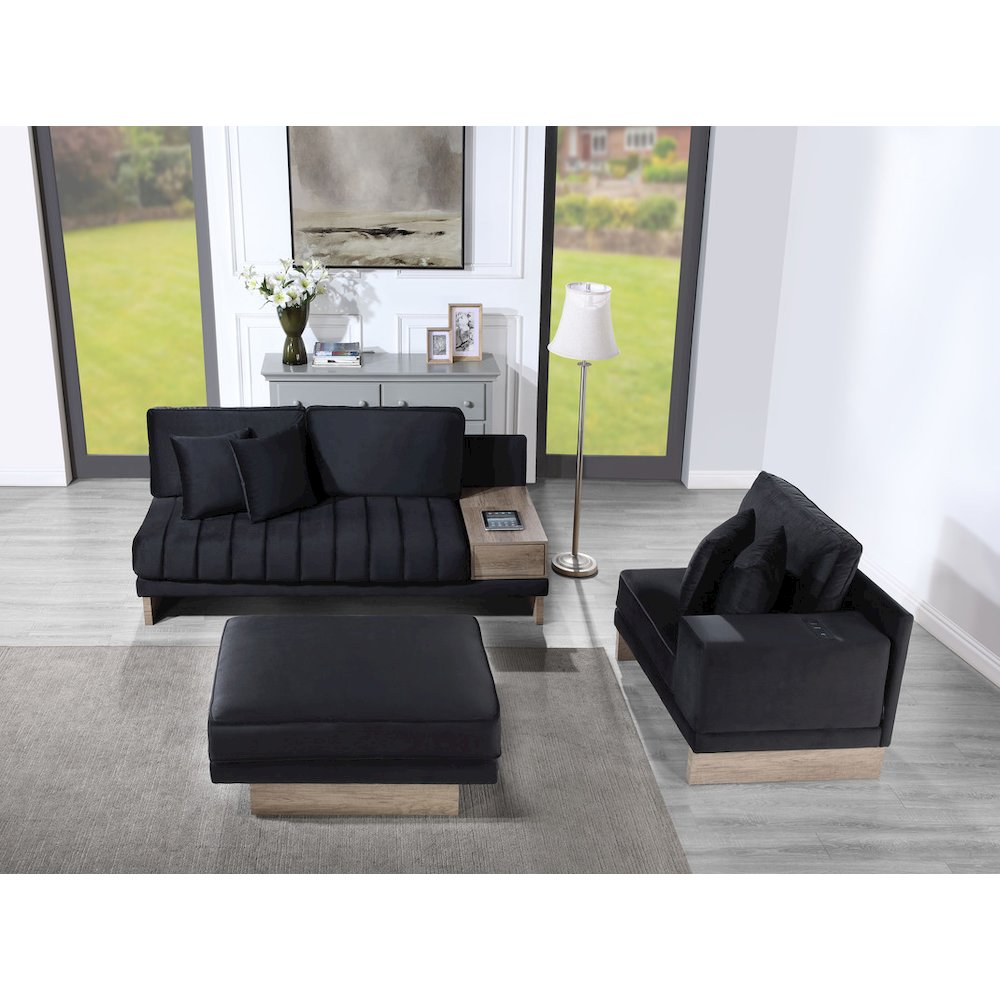 Memphis 122.5″W Black Velvet Reversible Sectional Sofa Ottoman
