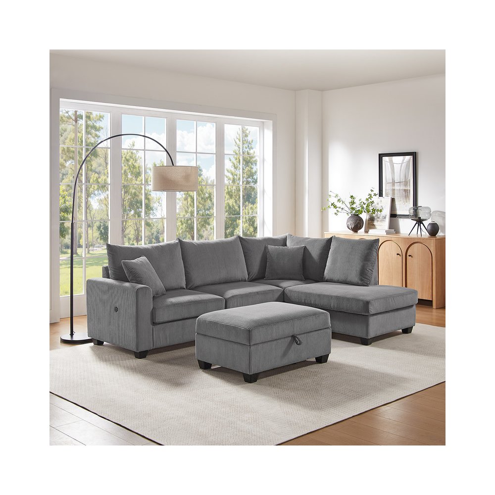 Rowan 107″W Dark Gray Corduroy Fabric Sectional Sofa with Right Facing Chaise