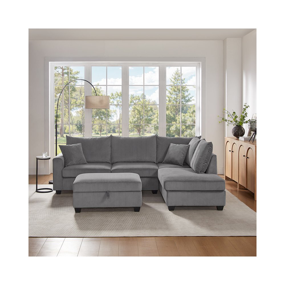 Rowan 107″W Dark Gray Corduroy Fabric Sectional Sofa with Right Facing Chaise