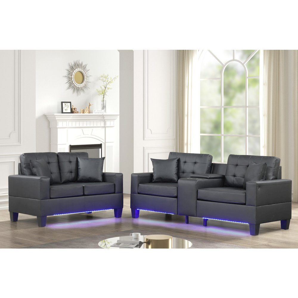 Black PVC Fabric Sofa Loveseat Living Room Set with LED Lights