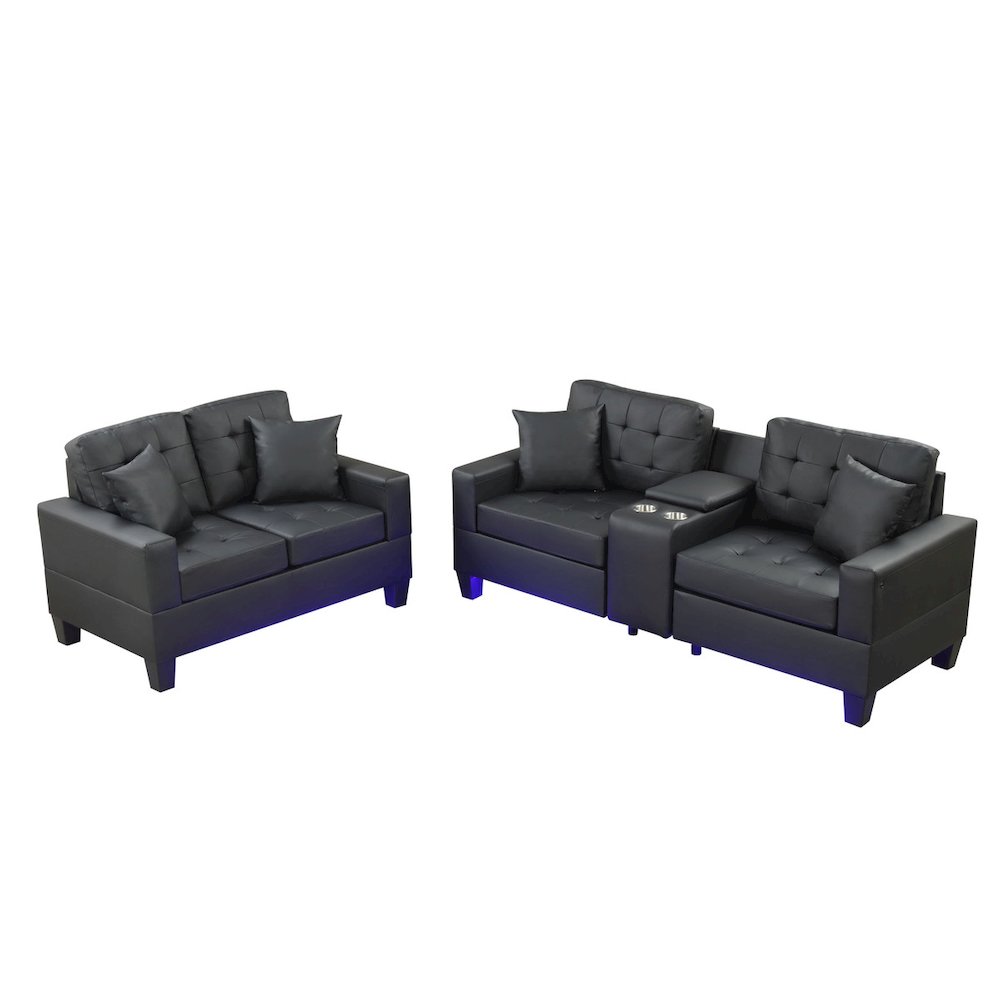 Black PVC Fabric Sofa Loveseat Living Room Set with LED Lights