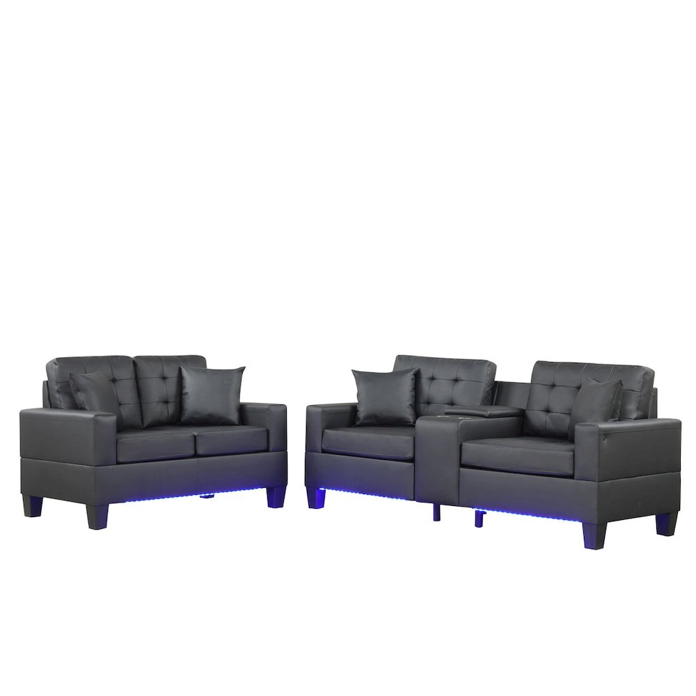 Black PVC Fabric Sofa Loveseat Living Room Set with LED Lights