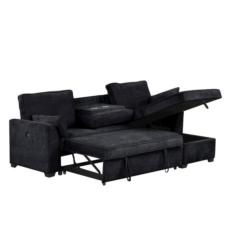 92″W Black Fabric Sleeper Sectional with Reversible Storage Chaise