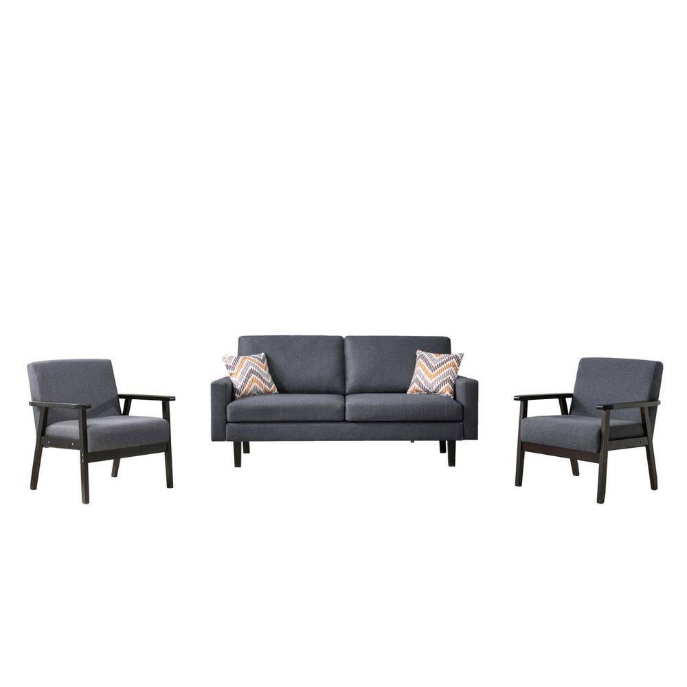 Bahamas Dark Gray Linen Sofa and 2 Chairs with 2 Throw Pillows