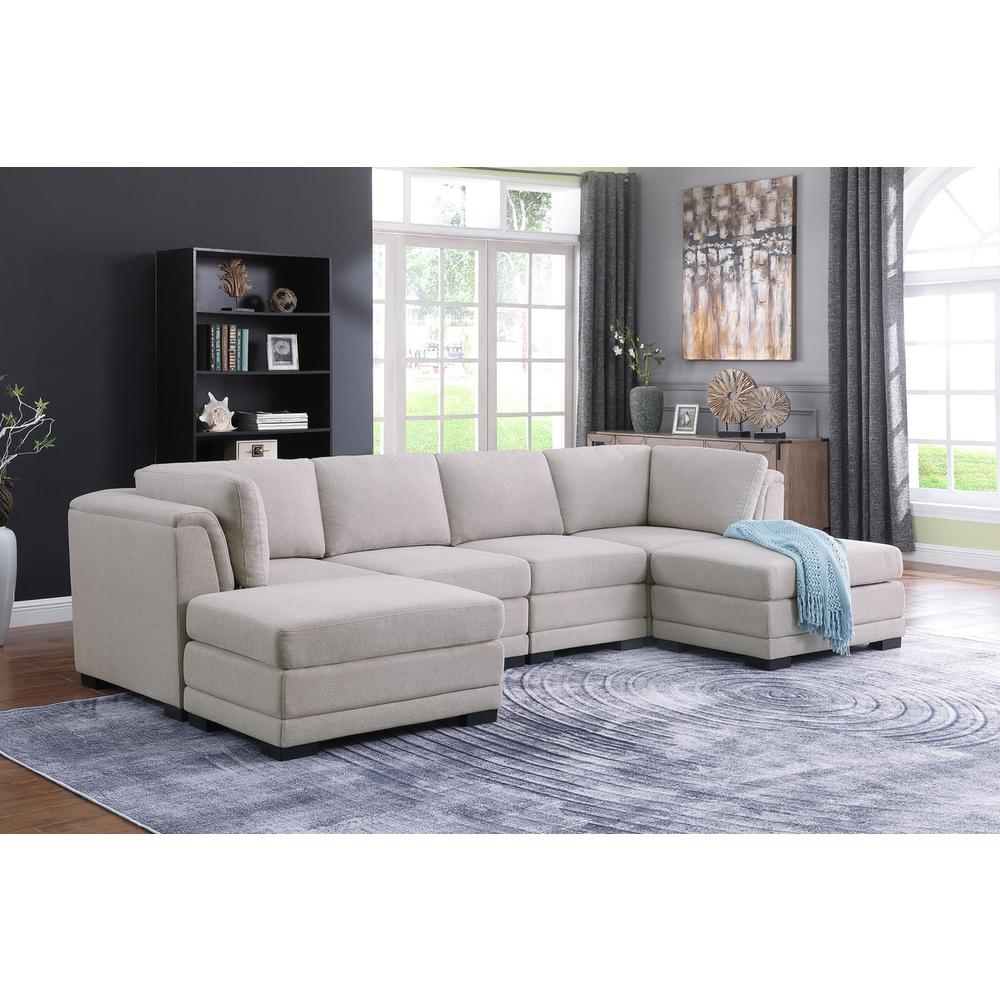 Kristin Light Gray Linen Fabric Reversible Sectional Sofa with 2 Ottomans