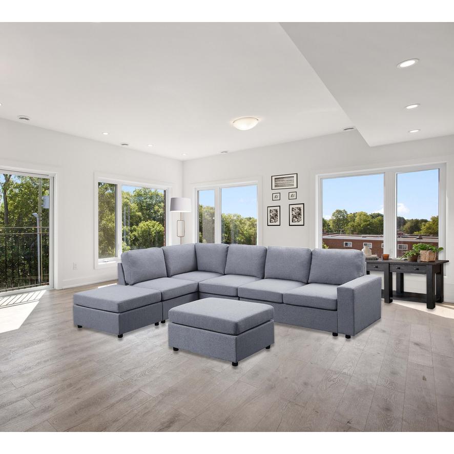 Marley Light Gray Linen 7 Seat Reversible Modular Sectional Sofa with Ottoman