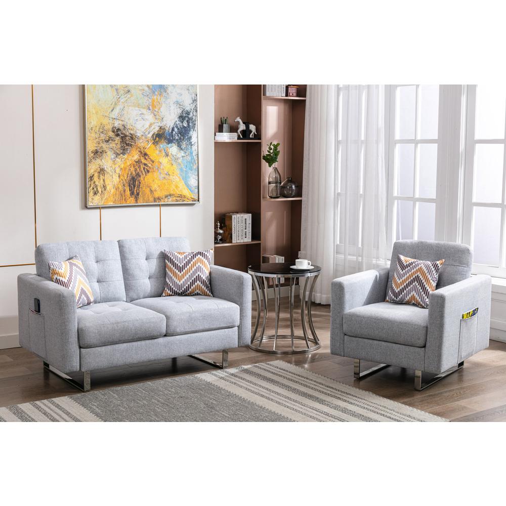 Victoria Light Gray Linen Fabric Loveseat Chair Living Room Set with Metal Legs