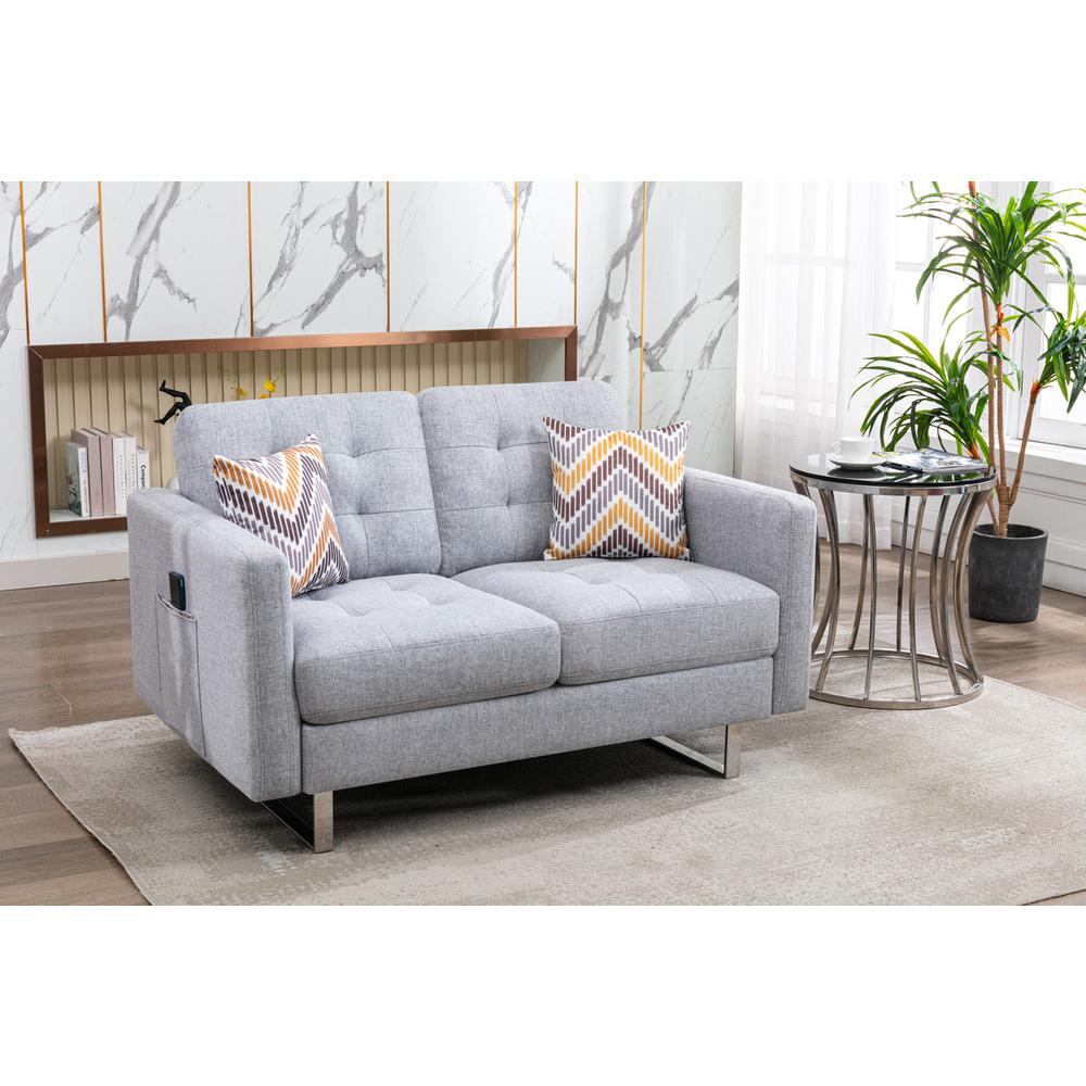 Victoria Light Gray Linen Fabric Loveseat with Metal Legs