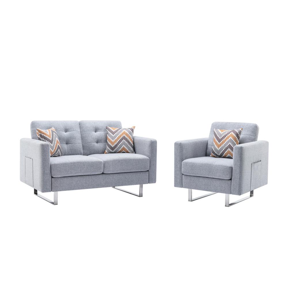 Victoria Light Gray Linen Fabric Loveseat Chair Living Room Set with Metal Legs