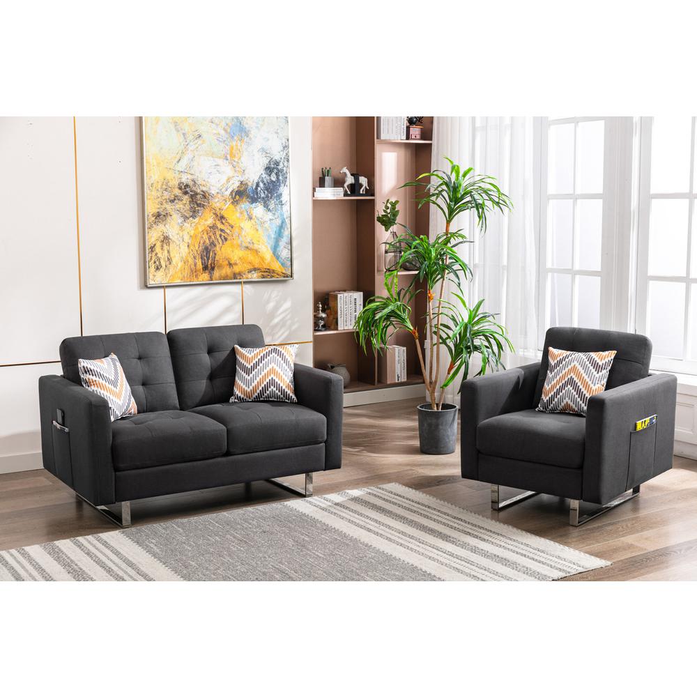Victoria Dark Gray Linen Fabric Loveseat Chair Living Room Set with Metal Legs