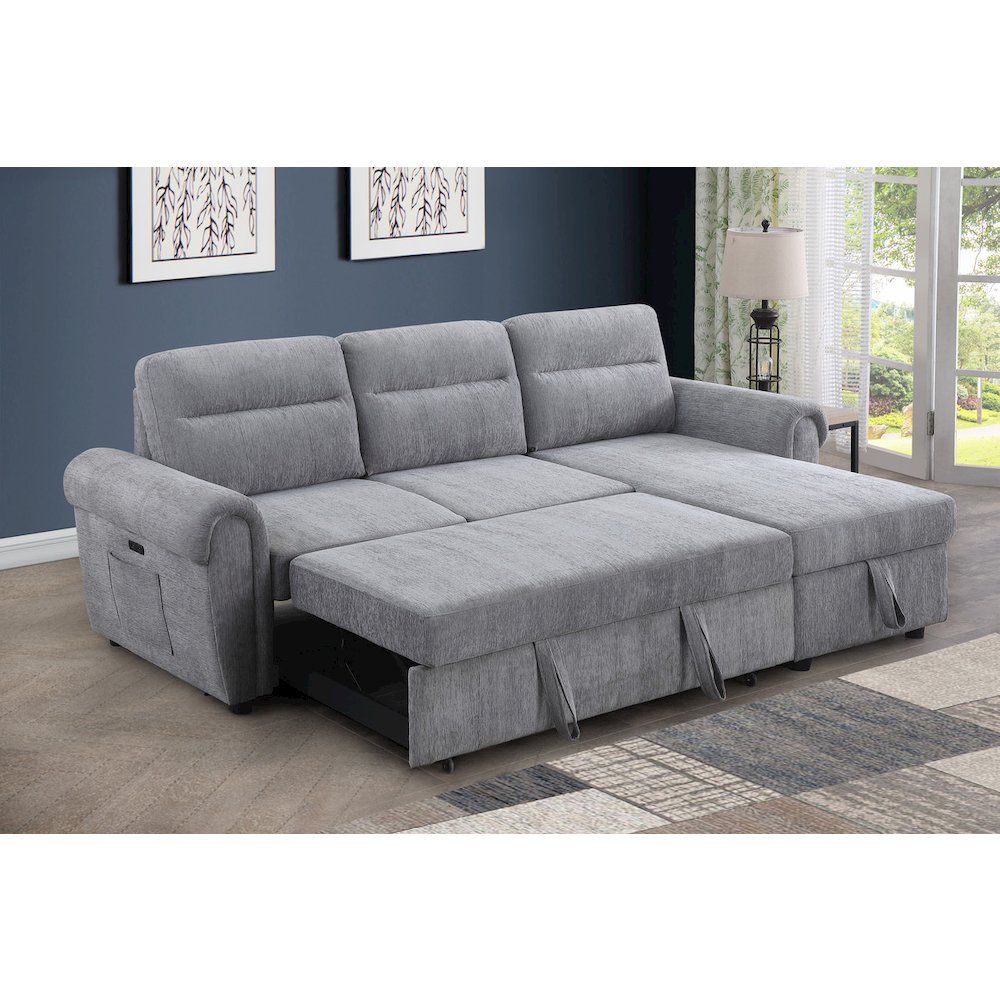 97″W Light Gray Chenille Reversible Sleeper Sectional Sofa Chaise