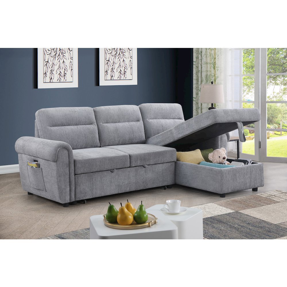 97″W Light Gray Chenille Reversible Sleeper Sectional Sofa Chaise
