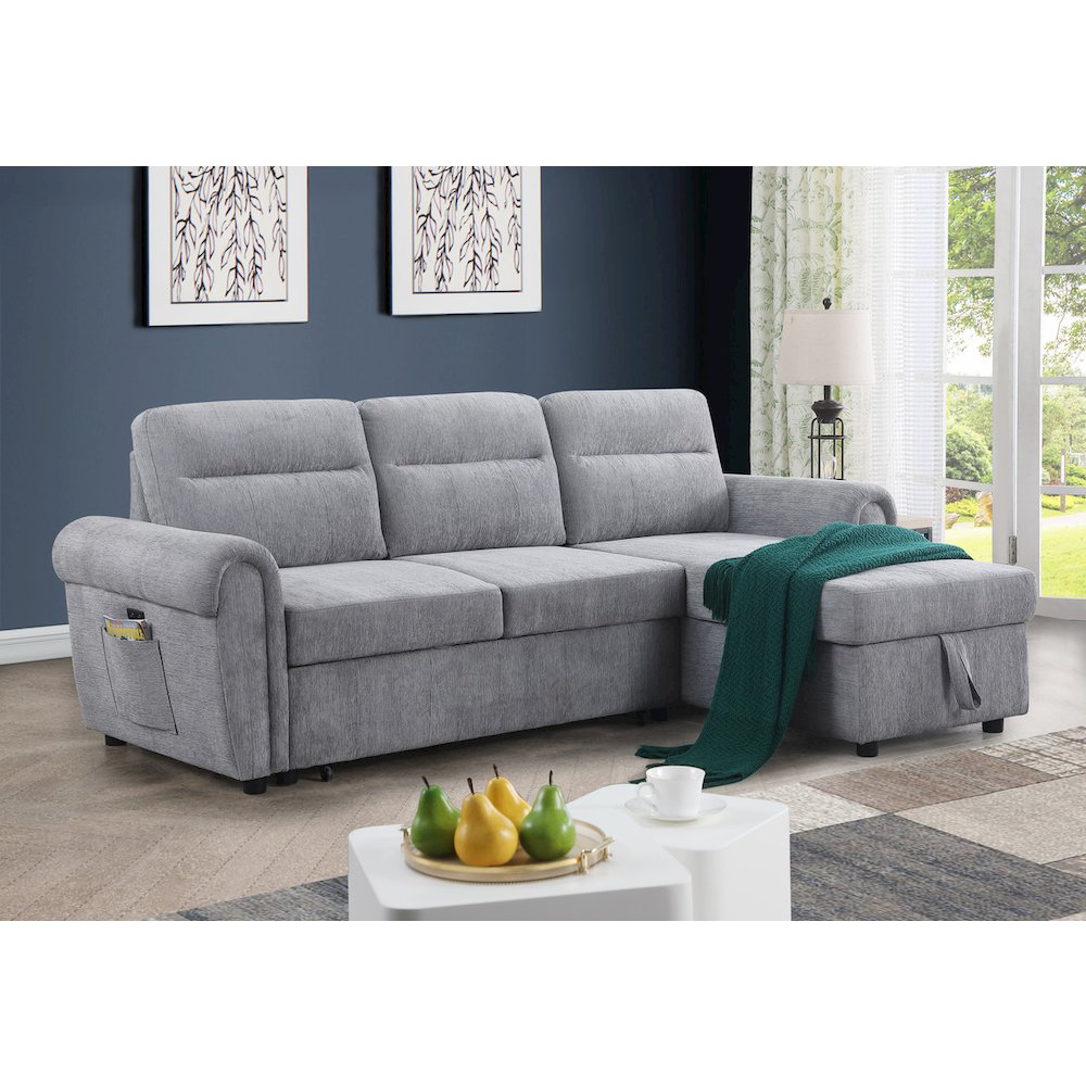 97″W Light Gray Chenille Reversible Sleeper Sectional Sofa Chaise