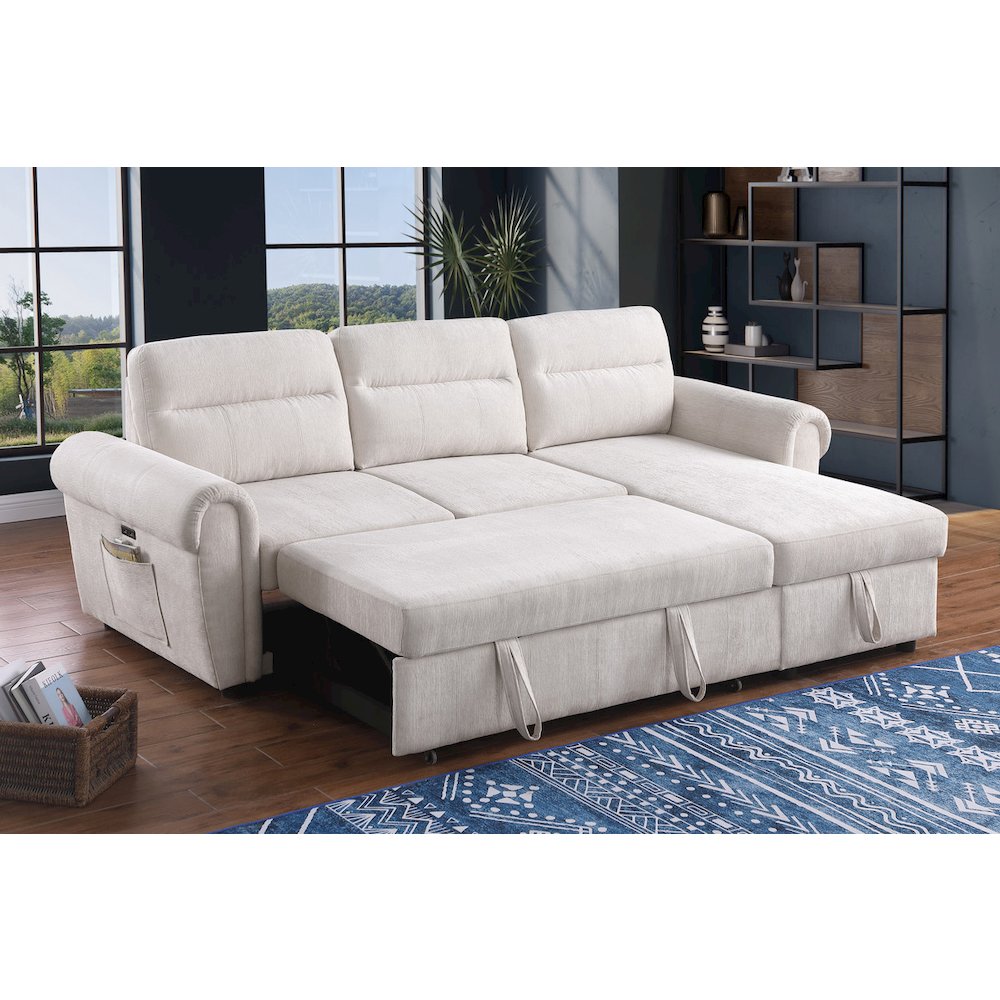 97″W Beige Chenille Reversible Sleeper Sectional Sofa Chaise with USB Charger