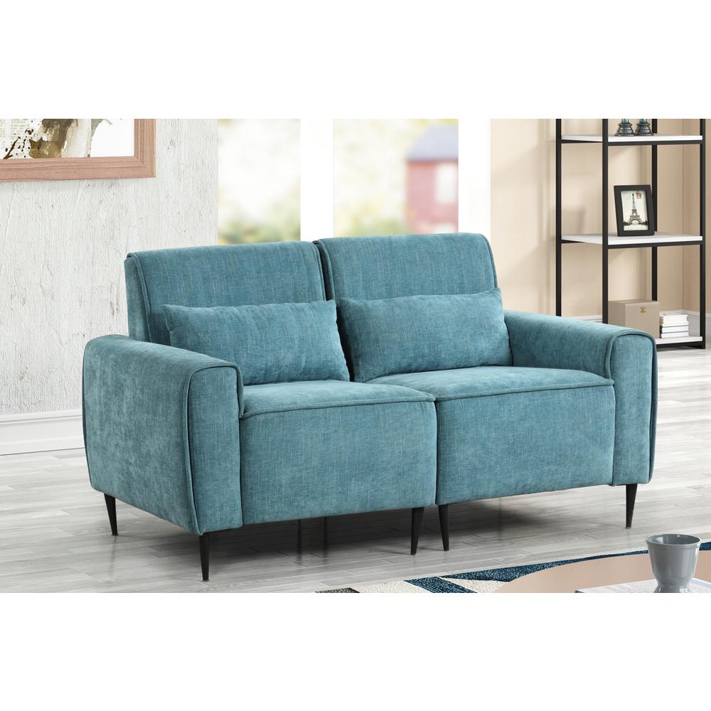 Valentina Blue Chenille Loveseat with Metal Legs and Throw Pillows