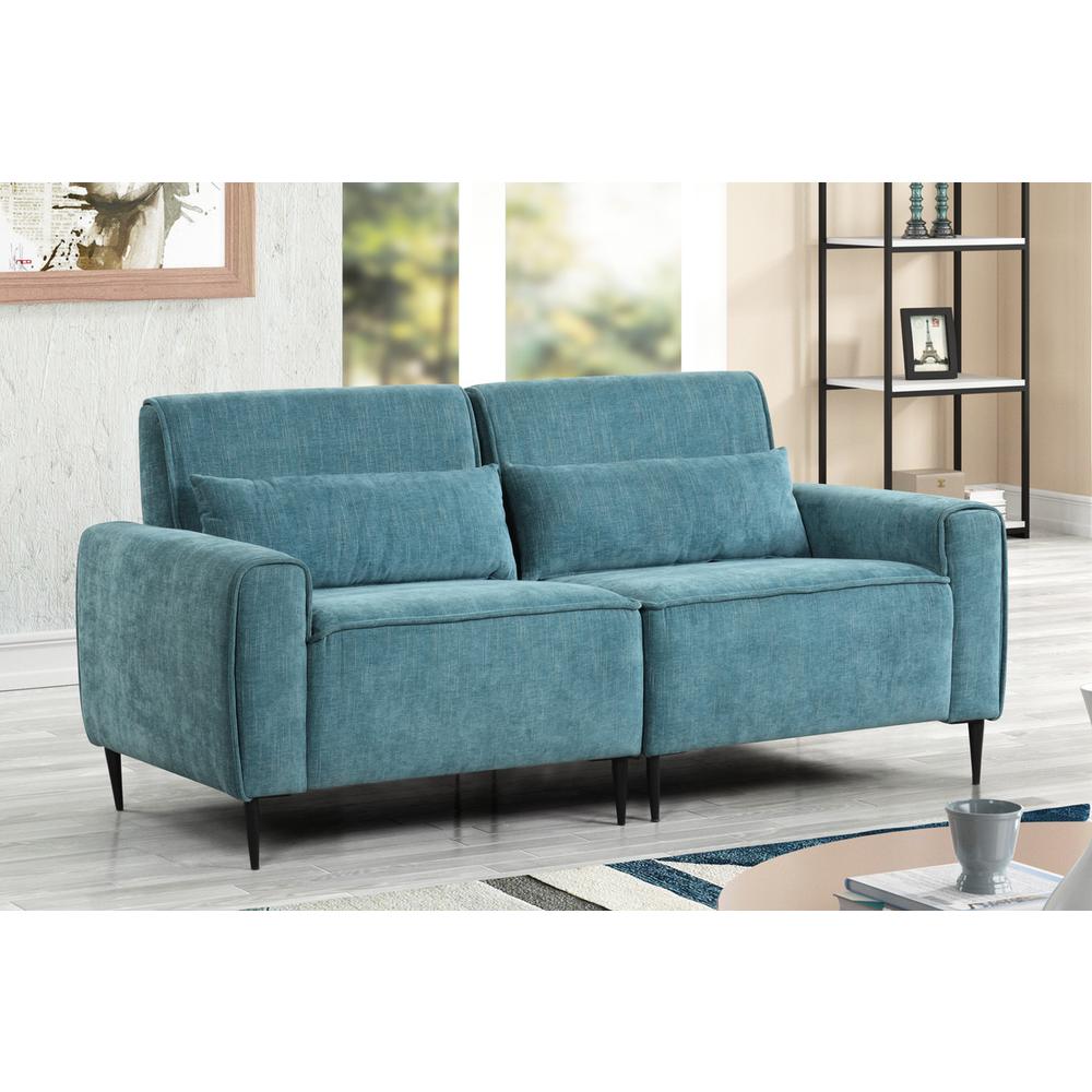 Valentina Blue Chenille Sofa with Metal Legs and Throw Pillows
