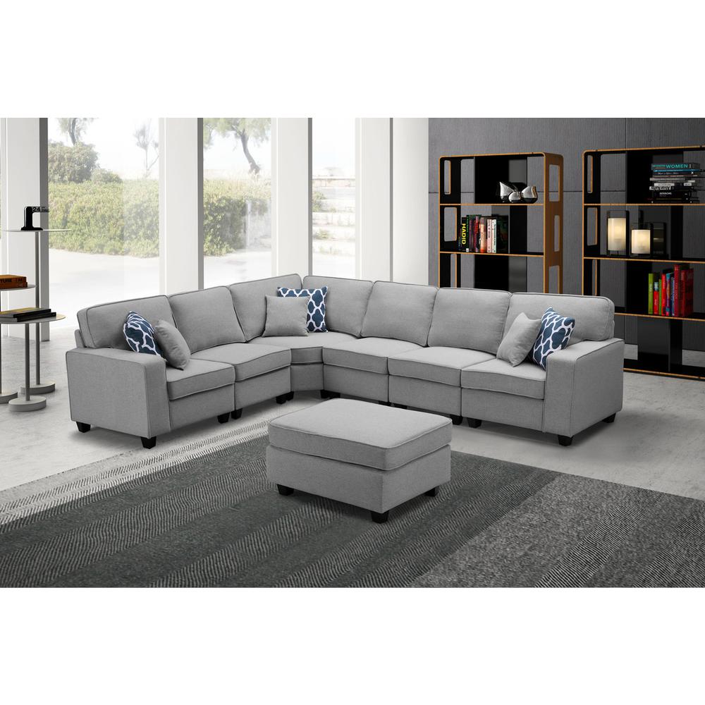 LILOLA Casanova 7Pc Modular Sectional Sofa with Ottoman in Light Gray Linen