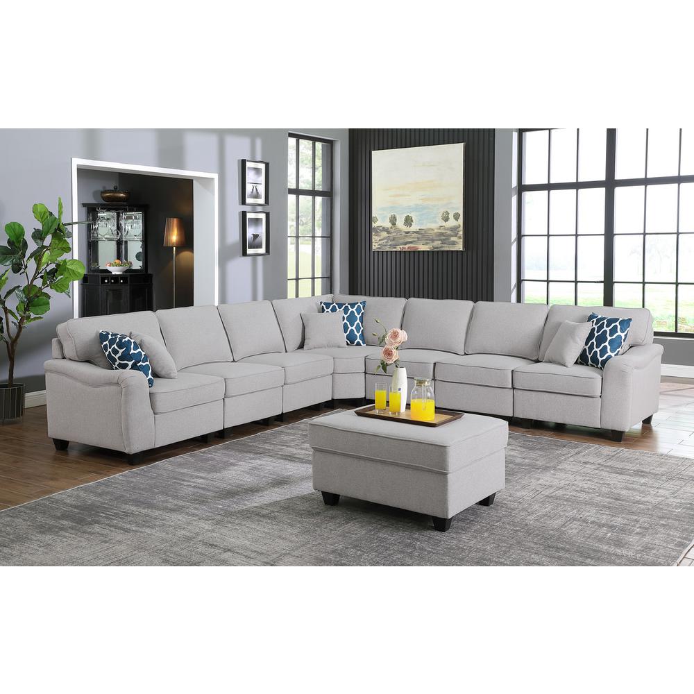 Leo Light Gray Linen 8Pc Modular L-Shape Sectional Sofa and Ottoman