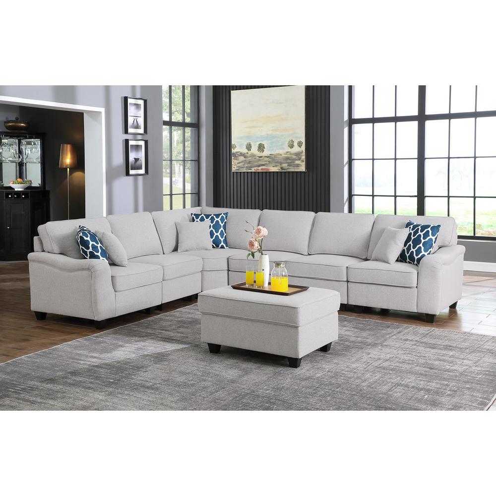 Leo Light Gray Linen 7Pc Modular L-Shape Sectional Sofa and Ottoman