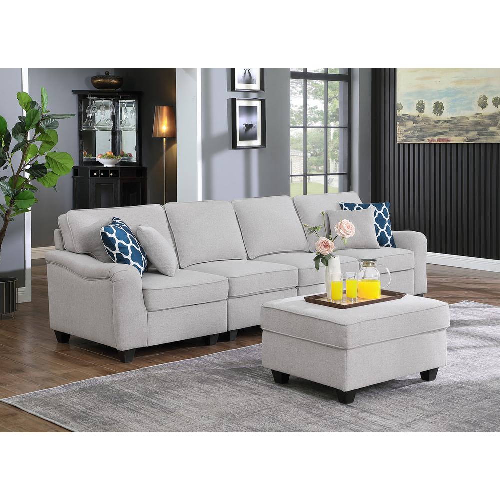 Leo Light Gray Linen 5 Seater Sofa and Ottoman