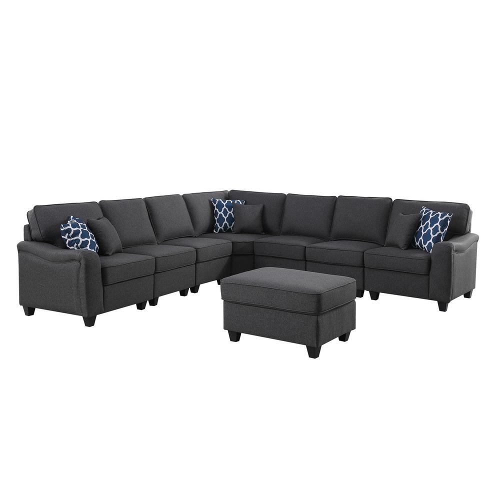 Leo Dark Gray Linen 8Pc Modular L-Shape Sectional Sofa and Ottoman