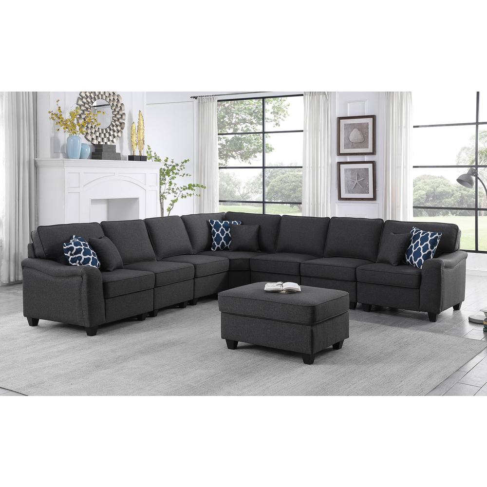 Leo Dark Gray Linen 8Pc Modular L-Shape Sectional Sofa and Ottoman