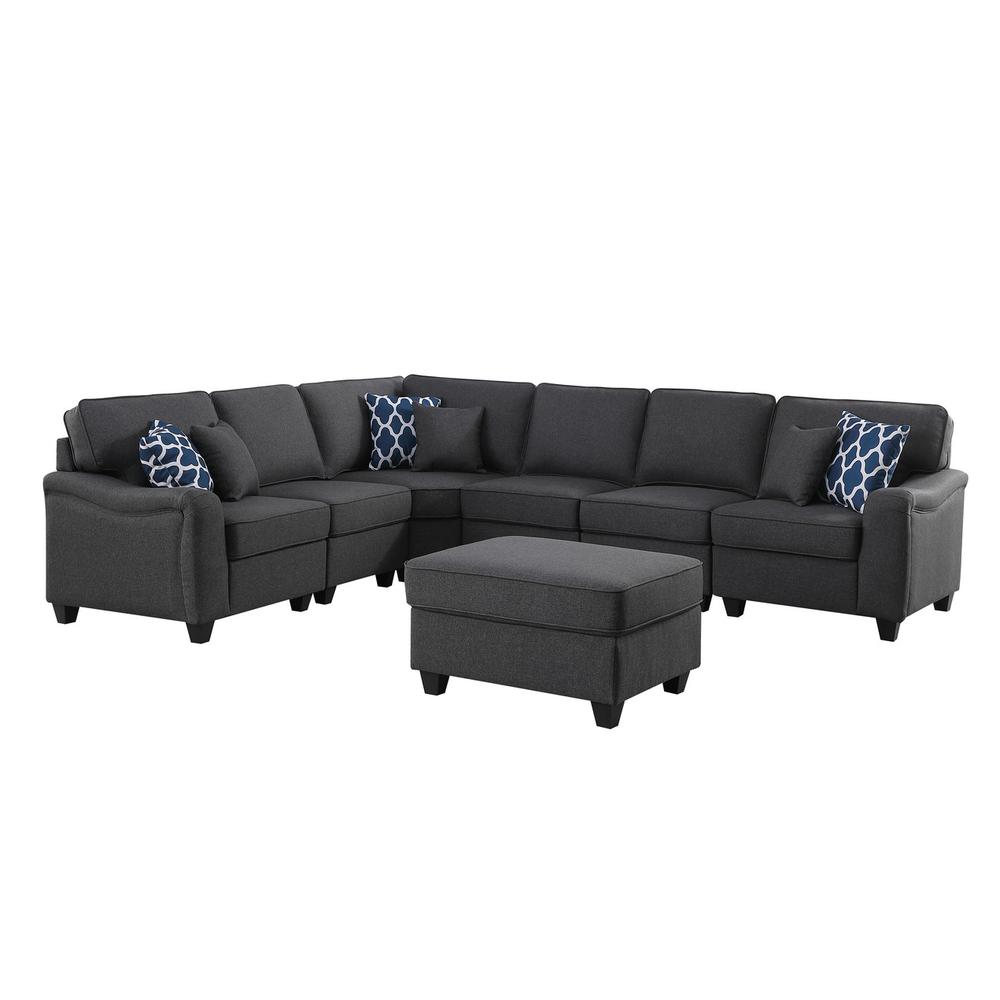 Leo Dark Gray Linen 7Pc Modular L-Shape Sectional Sofa and Ottoman