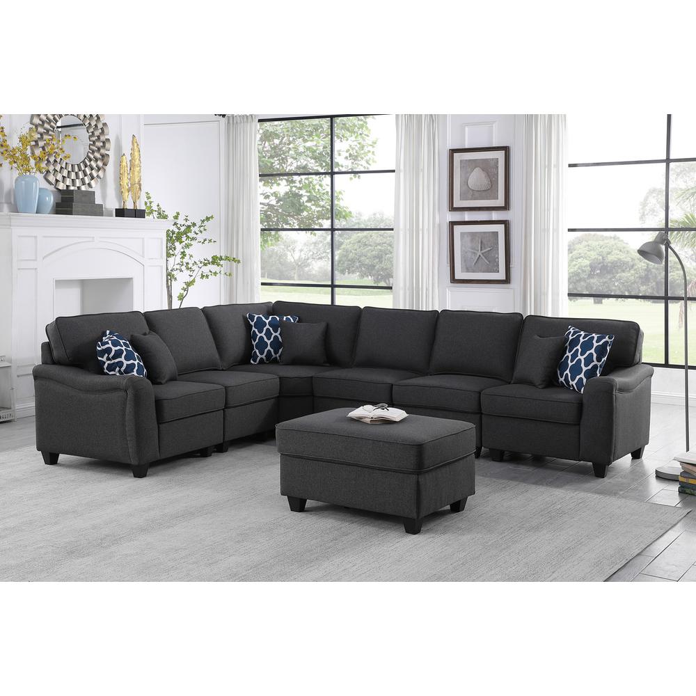 Leo Dark Gray Linen 7Pc Modular L-Shape Sectional Sofa and Ottoman