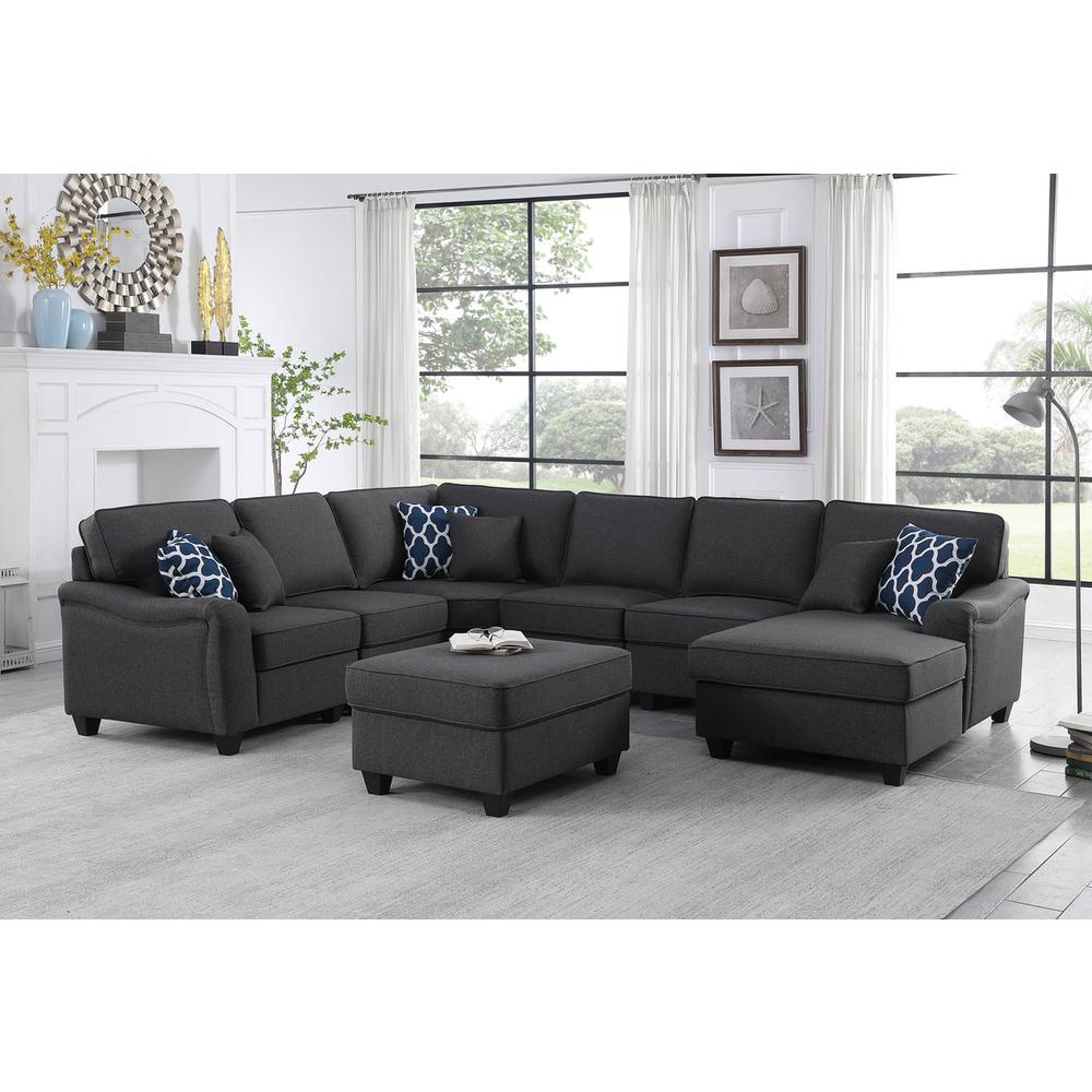 Leo Dark Gray Linen 7Pc Modular L-Shape Sectional Sofa Chaise and Ottoman