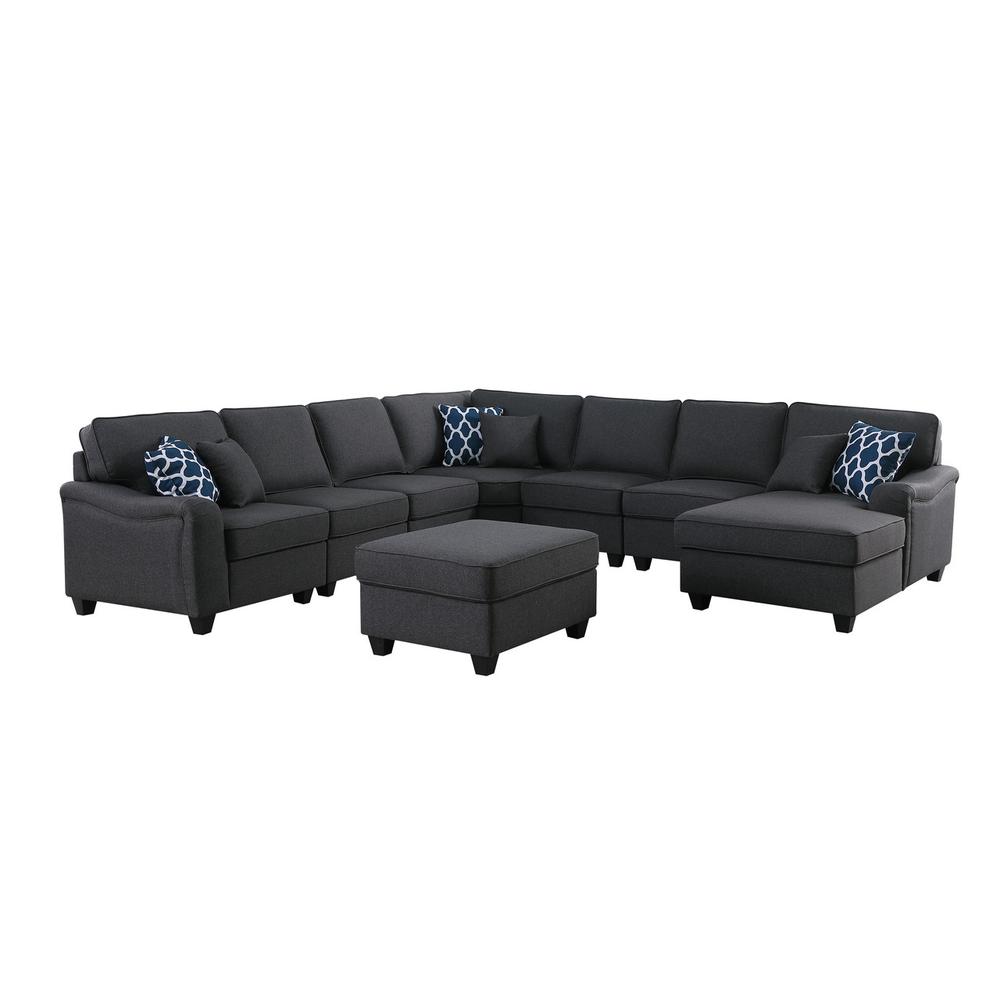 Leo Dark Gray Linen 8Pc Modular L-Shape Sectional Sofa Chaise and Ottoman