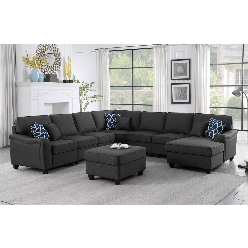 Leo Dark Gray Linen 8Pc Modular L-Shape Sectional Sofa Chaise and Ottoman