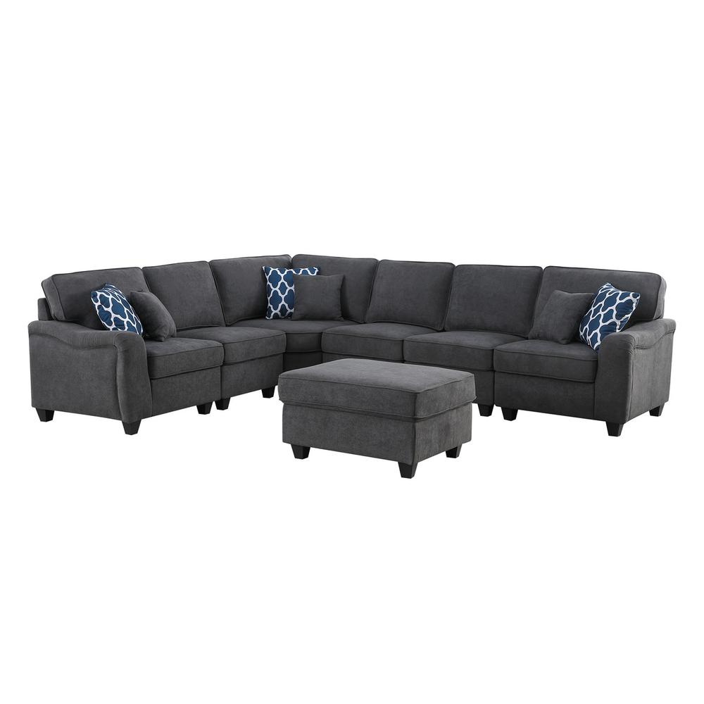 Leo Dark Gray Woven 7Pc Modular L-Shape Sectional Sofa and Ottoman