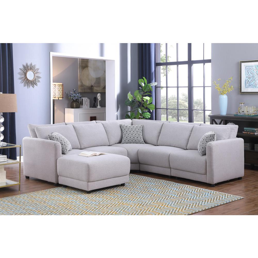 Penelope Light-Gray Linen Fabric Reversible L-Shape Sectional Sofa with Ottoman and Pillows