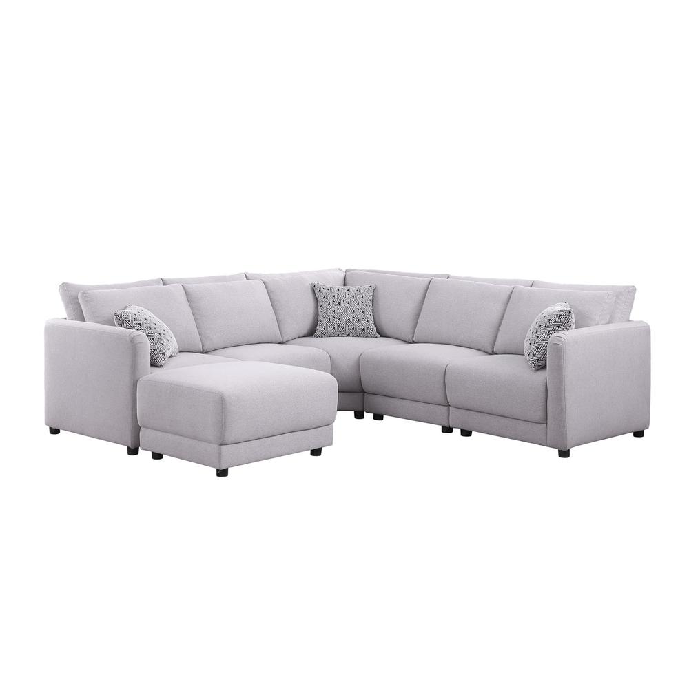 Penelope Light-Gray Linen Fabric Reversible L-Shape Sectional Sofa with Ottoman and Pillows