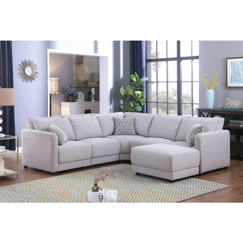 Penelope Light Gray Linen Fabric Reversible L-Shape Sectional Sofa with Ottoman and Pillows