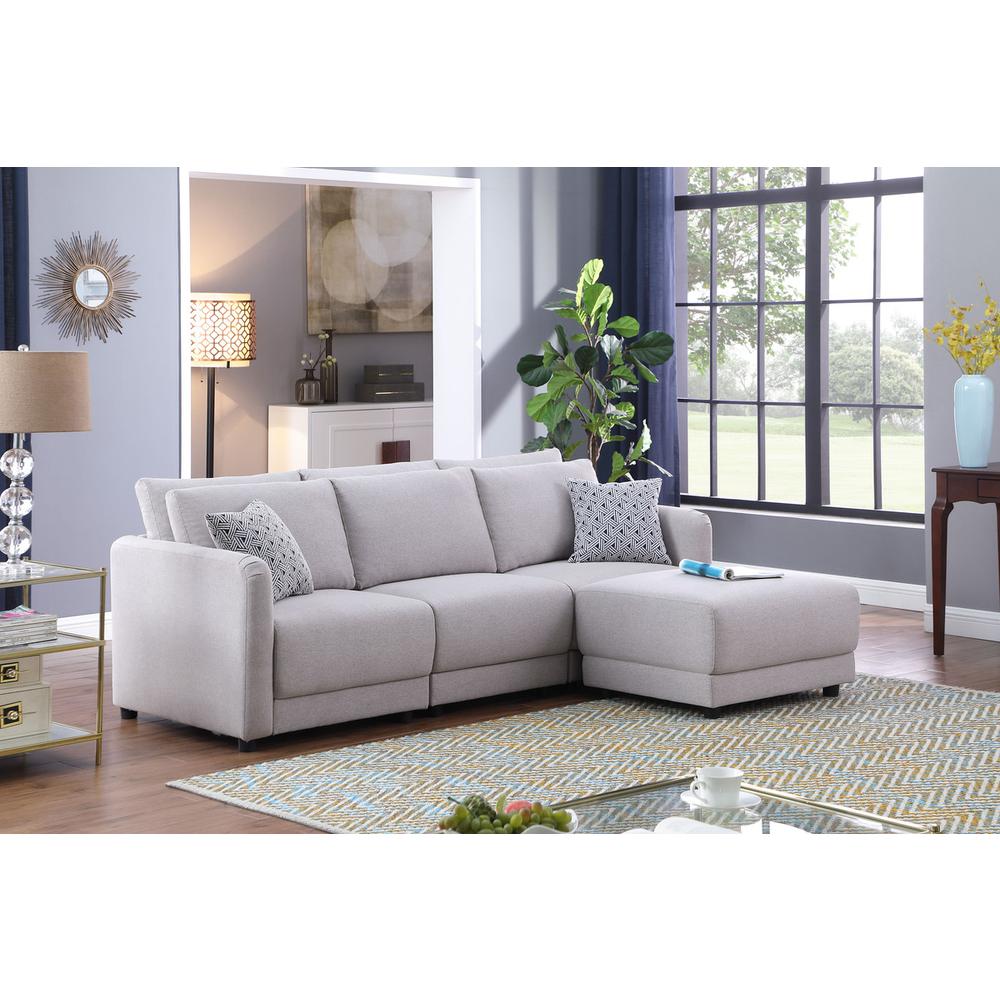 Penelope Light Gray Linen Fabric Sofa with Ottoman and Pillows