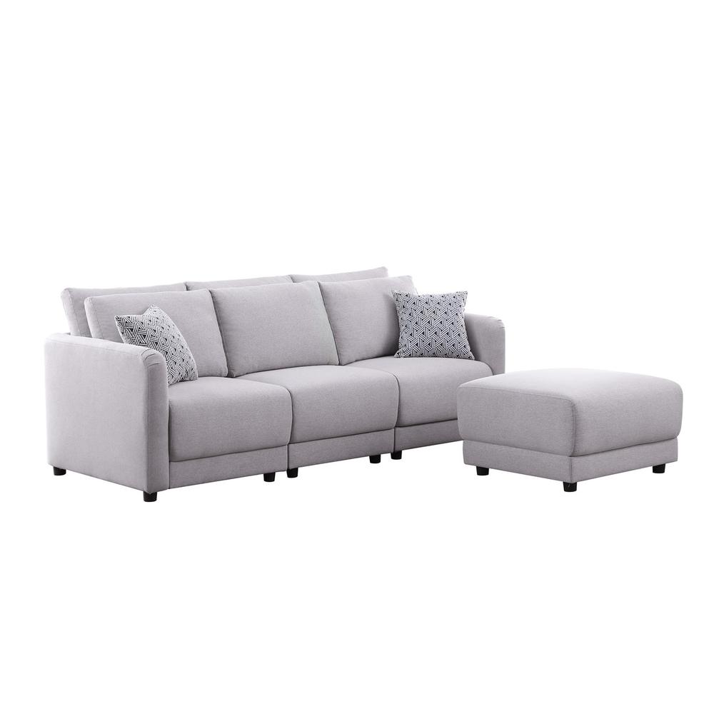 Penelope Light-Gray Linen Fabric Sofa with Ottoman and Pillows