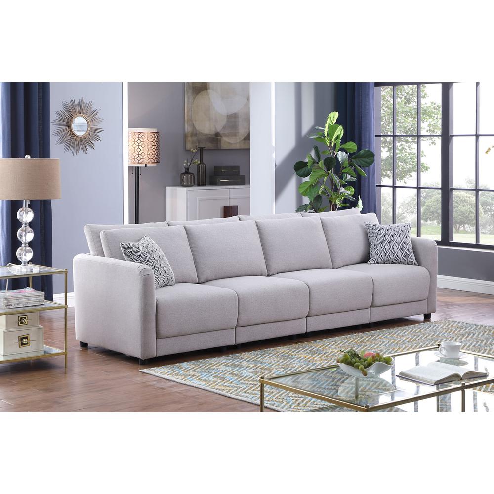 Penelope Light Gray Linen Fabric 4-Seater Sofa with Pillows