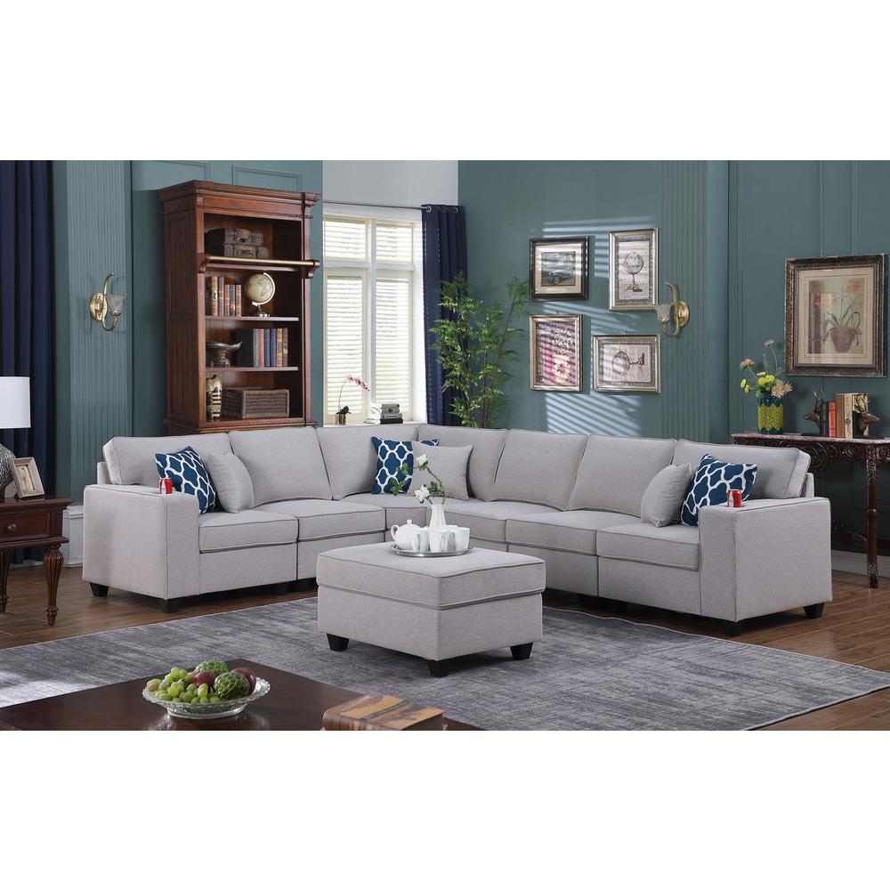 Cooper Light Gray Linen 7Pc Reversible L-Shape Sectional Sofa with Ottoman & Cupholder