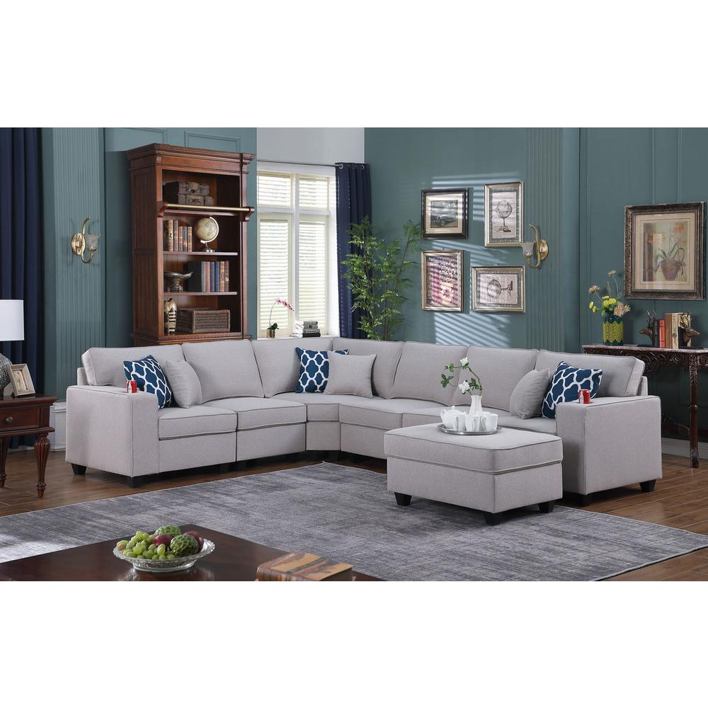 Cooper Light Gray Linen 7 Pc Reversible L-Shape Sectional Sofa with Ottoman and Cupholder