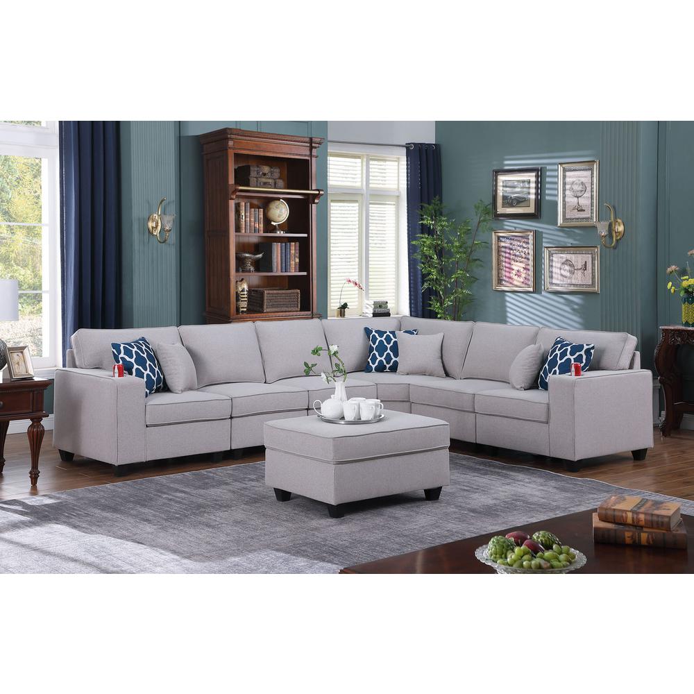 Cooper Light Gray Linen 7-Pc Reversible L-Shape Sectional Sofa with Ottoman and Cupholder
