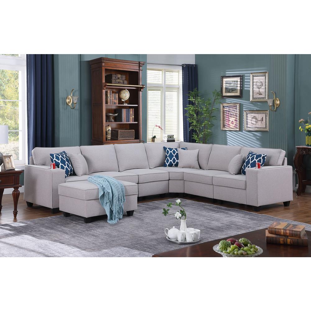 Cooper Light Gray Linen 7Pc Reversible L-Shape Sectional Sofa with Ottoman and Cupholder