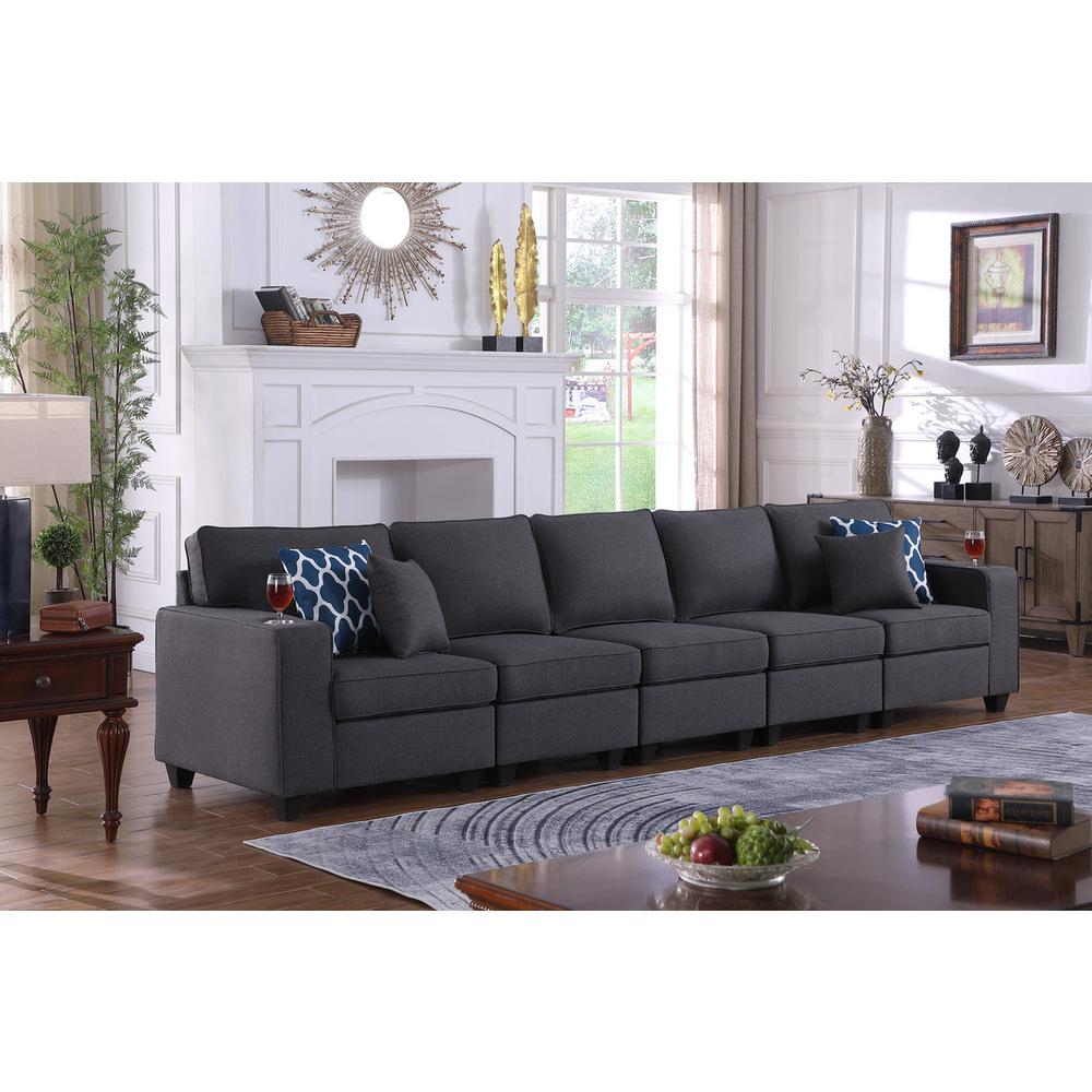 Cooper Dark Gray Linen 5-Seater Sofa with Cupholder