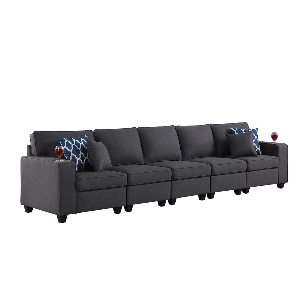 Cooper Dark Gray Linen 5-Seater Sofa with Cupholder