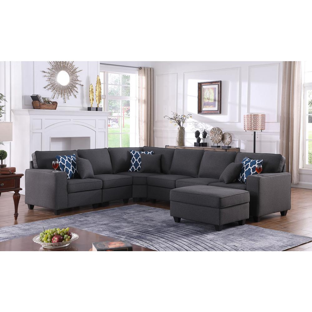 Cooper Dark Gray Linen 7 Pc Reversible L-Shape Sectional Sofa with Ottoman and Cupholder