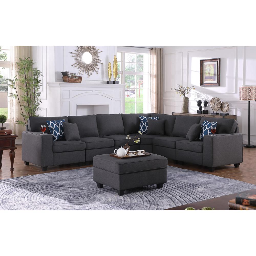 Cooper Dark Gray Linen 7 Pc Reversible L-Shape Sectional Sofa with Ottoman & Cupholder