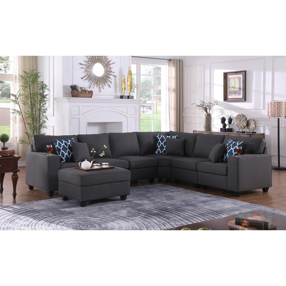 Cooper Dark Gray Linen 7Pc Reversible L-Shape Sectional Sofa with Ottoman and Cupholder